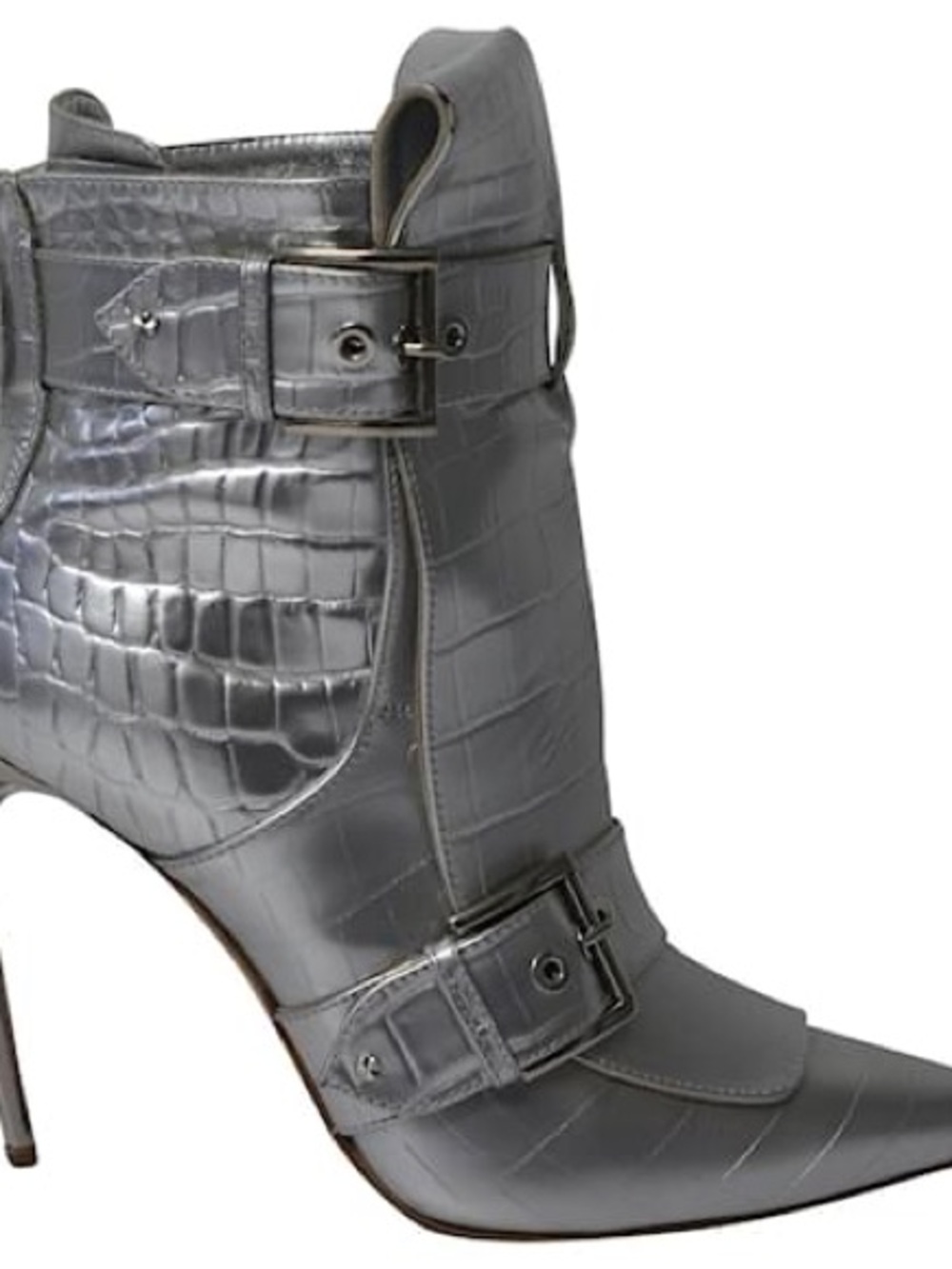 Alexander McQueen Women's Silver Croc-Embossed Pointed Toe Ankle Boot